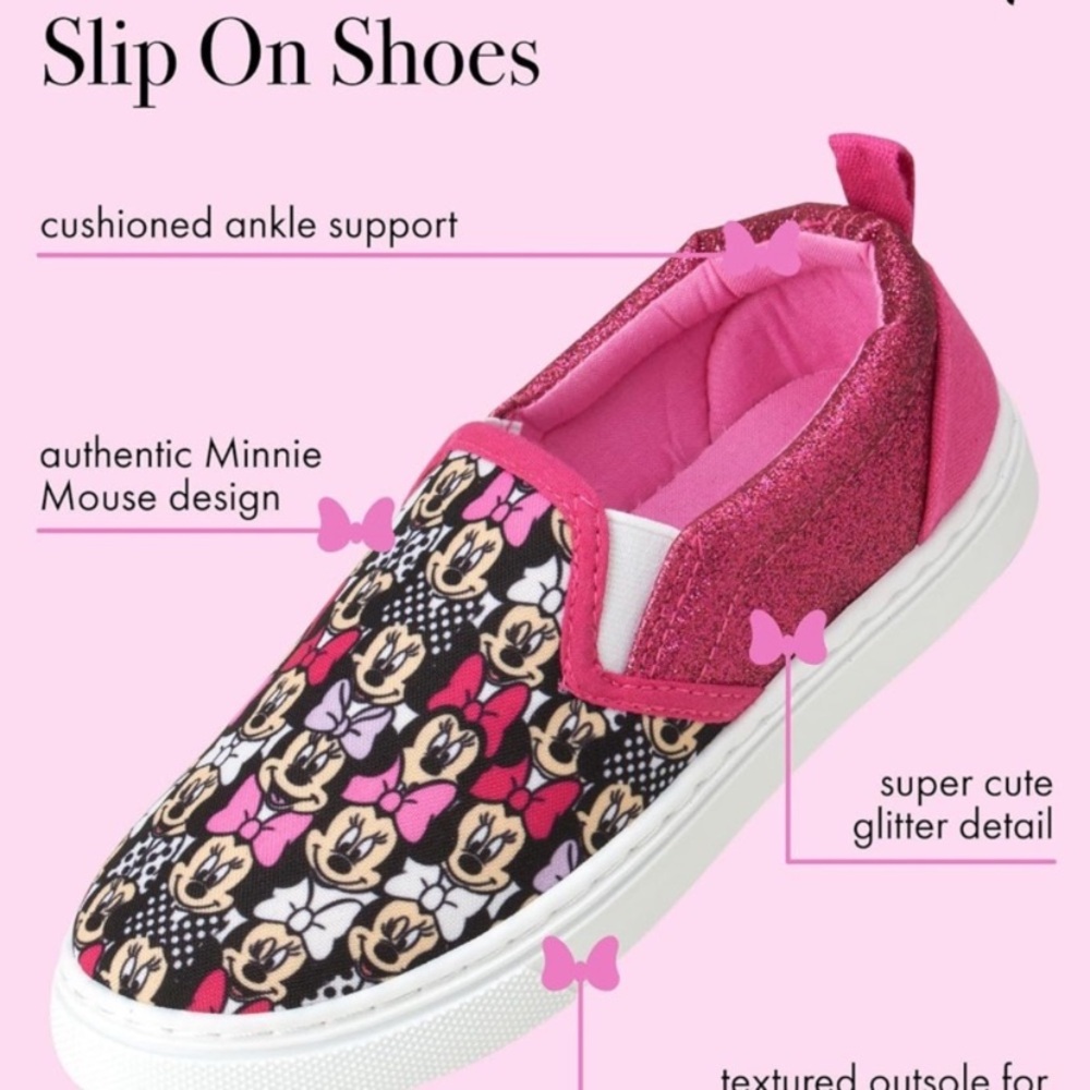Disney Minnie Mouse Glitter Pink Slip on shoes size 1y toddler girl little girl